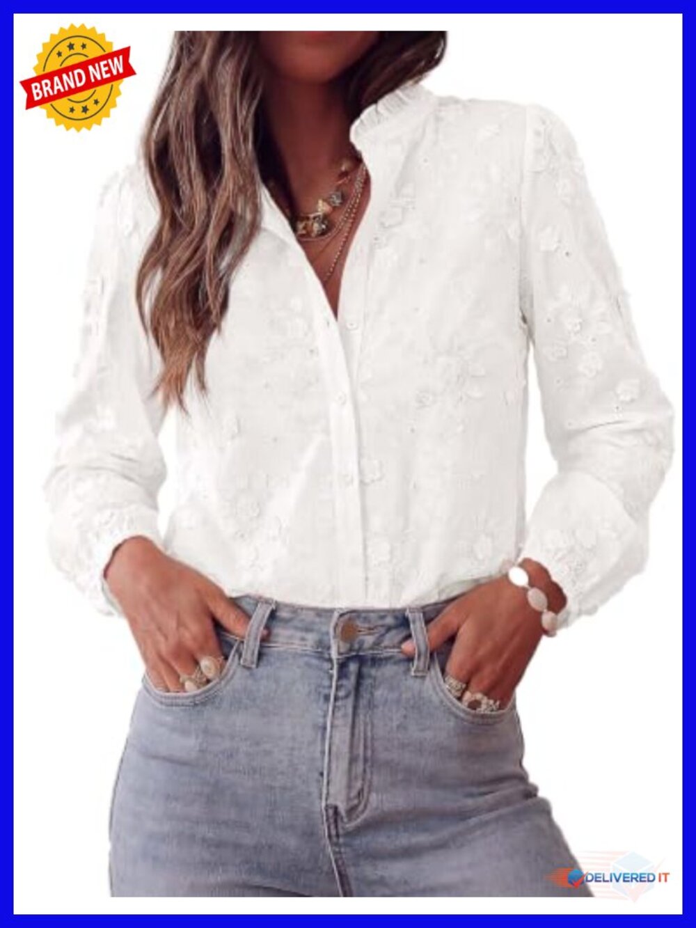 Women's Floral Embroidered Button Down Long Sleeve Blouse Cotton Blend